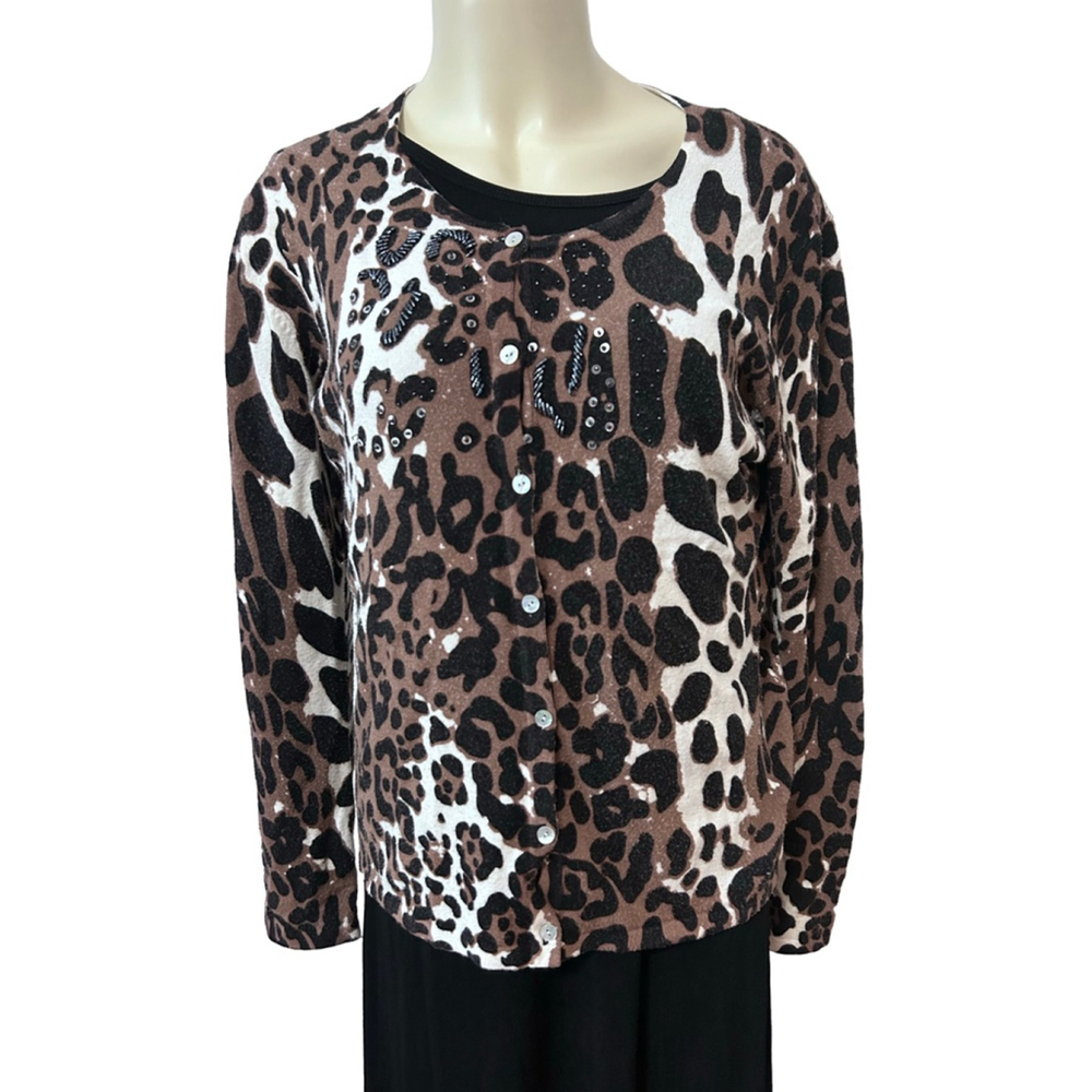Pierri New York Leopard Print Beaded Sequin Cardigan Size L
